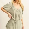 Drawstring Hem Short Sleeve Top and Skort Set - Sage