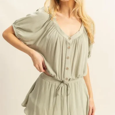 Drawstring Hem Short Sleeve Top and Skort Set - Sage