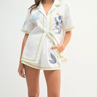 Embroidered Button Down Shirt and Shorts Set - Lime