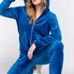Faux Fur Zip Up Long Sleeve Hoodie and Joggers Set - Deep Blue