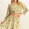 Floral Off-Shoulder Flounce Sleeve Top and Skirt Set - Yellow-Green