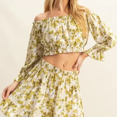 Floral Off-Shoulder Flounce Sleeve Top and Skirt Set - Yellow-Green