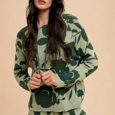 Flower Pattern Drawstring Hooded Top and Shorts Sweater Set - Green Combo