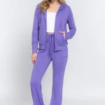 French Terry Zip Up Hoodie and Drawstring Pants Set - Purple