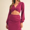 Front Twisted Knit Top and Midi Skirt Set - Magenta