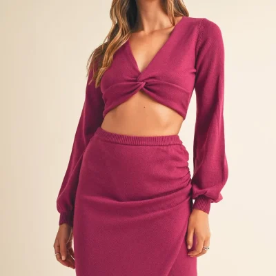 Front Twisted Knit Top and Midi Skirt Set - Magenta