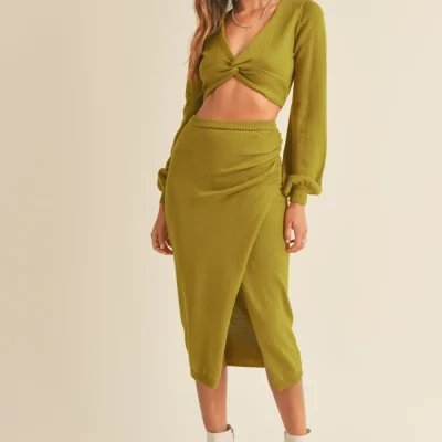 Front Twisted Knit Top and Midi Skirt Set - Moss Green