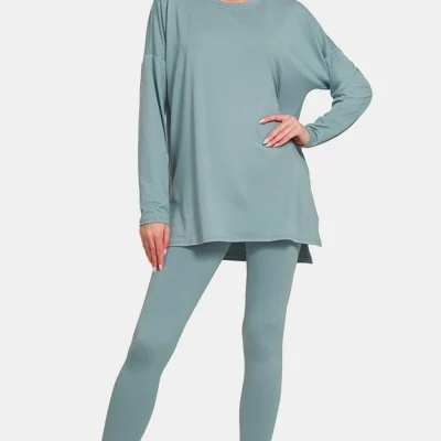 Full Size Brushed Microfiber Top and Leggings Lounge Set - Blue Grey