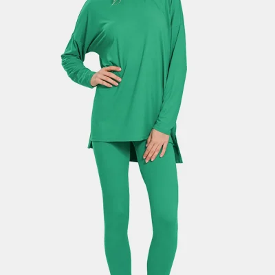 Full Size Brushed Microfiber Top and Leggings Lounge Set - K Green
