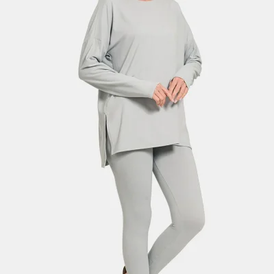 Full Size Brushed Microfiber Top and Leggings Lounge Set - Lt Grey