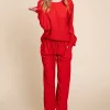 Full Size Crinkle Check Round Neck Top and Pants Lounge Set - Red