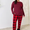 Full Size Plaid Round Neck Top and Pants Pajama Set - Dark Burgundy