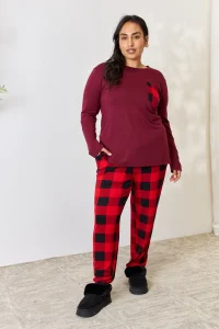 Full Size Plaid Round Neck Top and Pants Pajama Set - Dark Burgundy