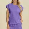 Full Size Pocketed Texture Round Neck Top and Shorts Set - Lavender