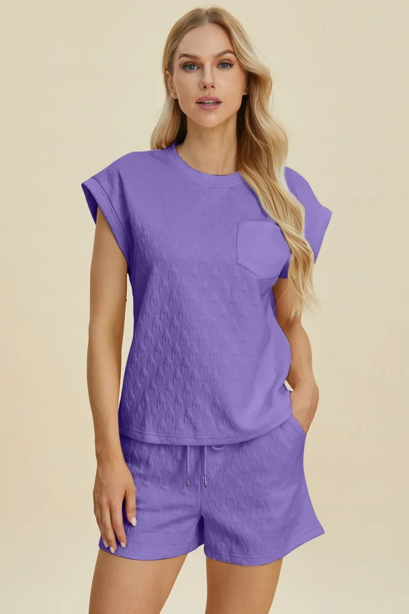 Full Size Pocketed Texture Round Neck Top and Shorts Set - Lavender