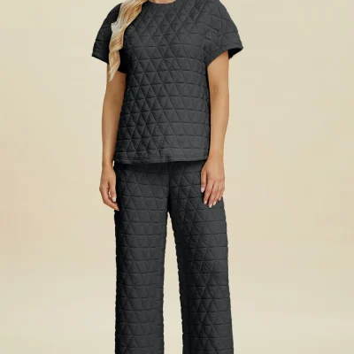 Full Size Texture Round Neck Short Sleeve Top and Pants Set - Black