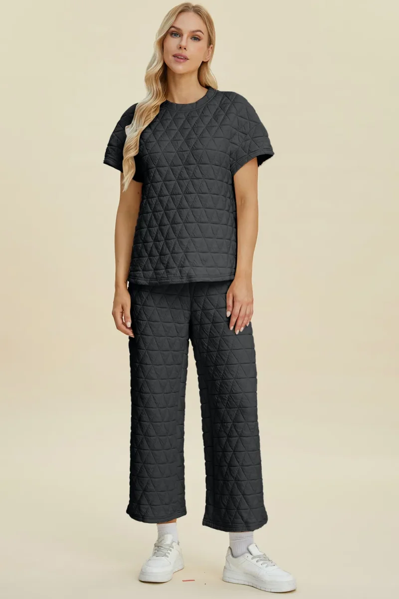 Full Size Texture Round Neck Short Sleeve Top and Pants Set - Black