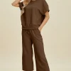 Full Size Texture Round Neck Top and Pants Set - Brown