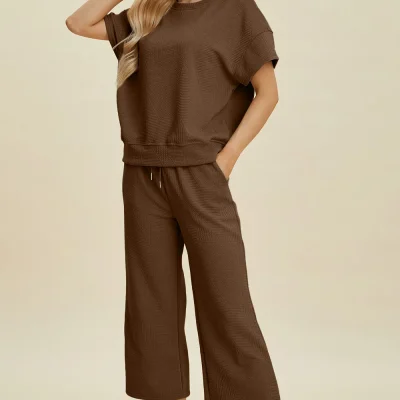 Full Size Texture Round Neck Top and Pants Set - Brown