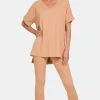 Full Size V-Neck Rolled Short Sleeve T-Shirt and Leggings Lounge Set - Dk Brush