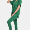 Full Size V-Neck Rolled Short Sleeve T-Shirt and Leggings Lounge Set - Forest