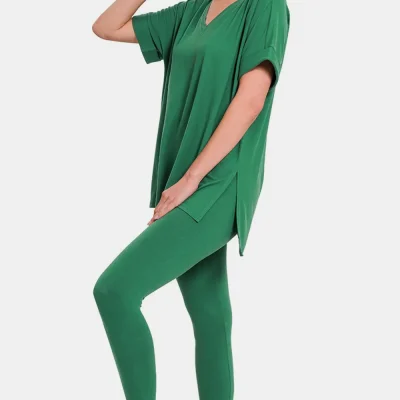 Full Size V-Neck Rolled Short Sleeve T-Shirt and Leggings Lounge Set - Forest