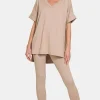 Full Size V-Neck Rolled Short Sleeve T-Shirt and Leggings Lounge Set - Lt Mocha