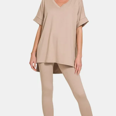 Full Size V-Neck Rolled Short Sleeve T-Shirt and Leggings Lounge Set - Lt Mocha