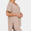 Full Size V-Neck Short Sleeve Slit T-Shirt and Shorts Set - Ash Mocha