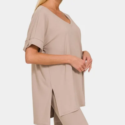 Full Size V-Neck Short Sleeve Slit T-Shirt and Shorts Set - Ash Mocha