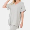 Full Size V-Neck Short Sleeve Slit T-Shirt and Shorts Set - Lt Grey