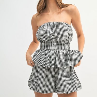 Gingham Tube Top and Shorts Set - Black