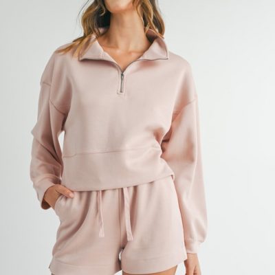 Half Zip Sweatshirt and Shorts Set - Pink