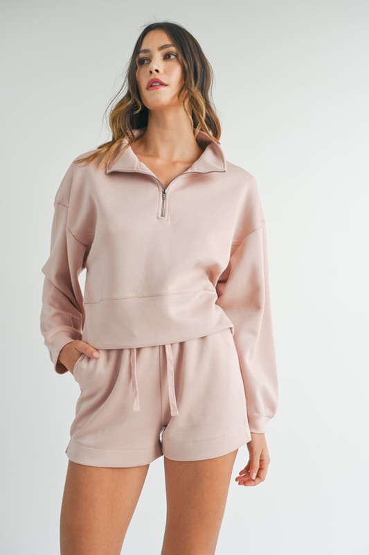 Half-Zip-Sweatshirt-and-Shorts-Set-Pink Half Zip Sweatshirt and Shorts Set - Pink