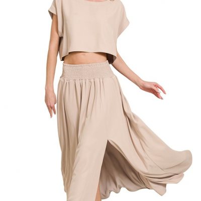 Heavy Woven Span Crop Tee & Skirt Set - Ash Mocha