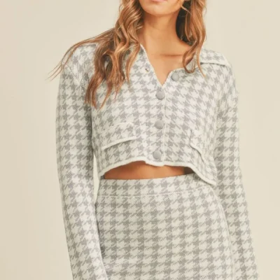 Houndstooth Cropped Knit Cardigan and Mini Skirt Set - Blue