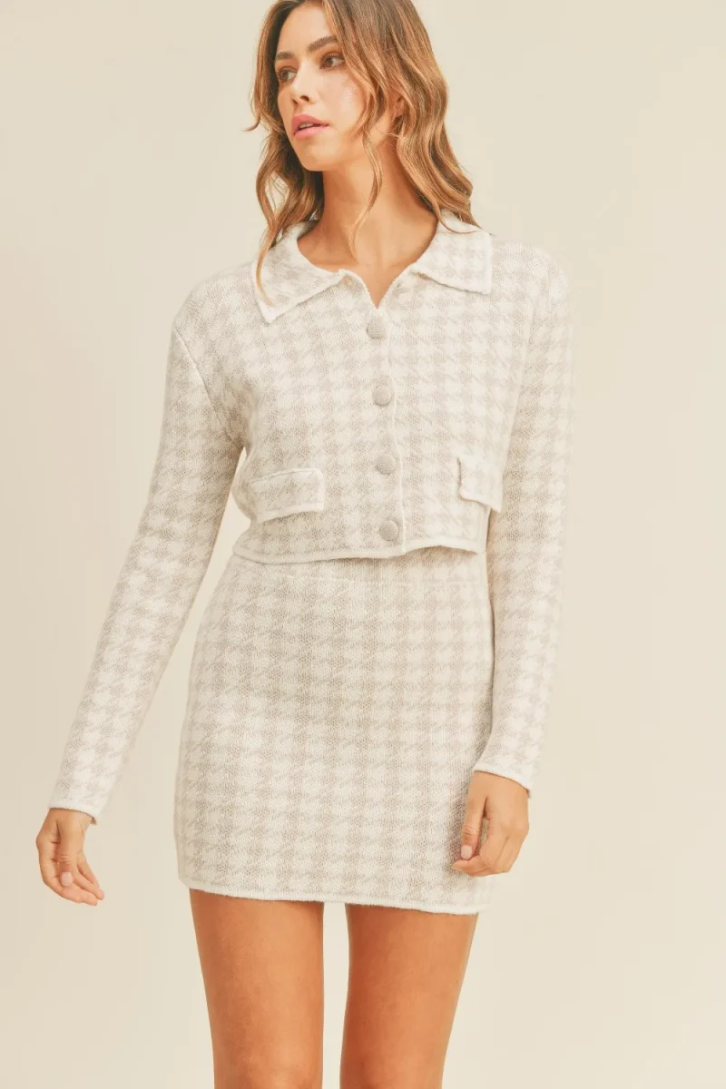 Houndstooth Cropped Knit Cardigan and Mini Skirt Set - Dusty Pink
