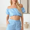 Le Lis Off Shoulder Crop Top and High Waist Shorts Set - Light Blue