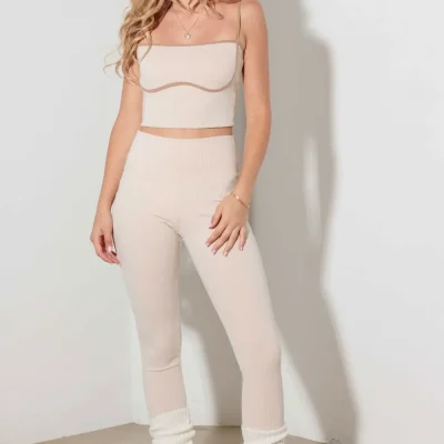 Le Lis Ribbed Crop Cami and High Waist Brushed Leggings Set - Cream Tan