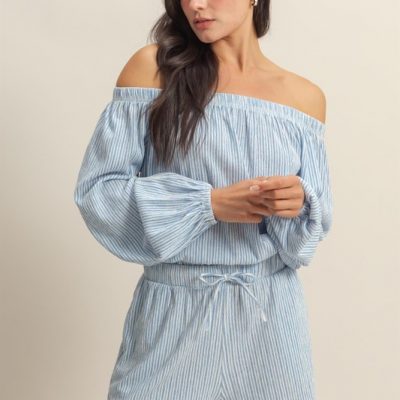 Off Shoulder Top and Shorts Set - Blue/White