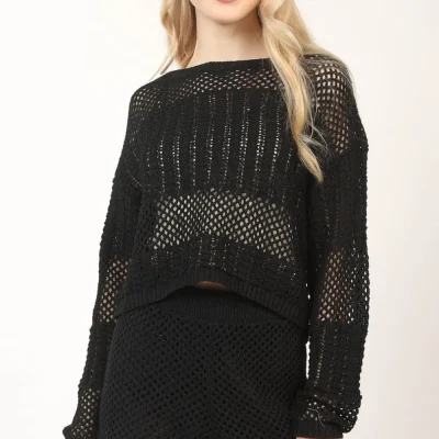 Openwork Cropped Cover Up and Shorts Set - Black