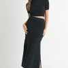 Pointelle Short Sleeve Crop Top and Slit Skirt Sweater Set - Black