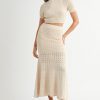 Pointelle Short Sleeve Crop Top and Slit Skirt Sweater Set - Cream