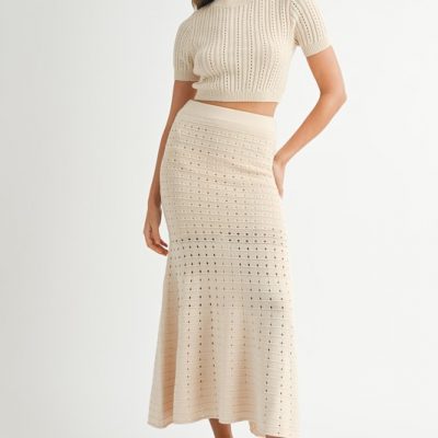 Pointelle Short Sleeve Crop Top and Slit Skirt Sweater Set - Cream