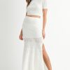 Pointelle Short Sleeve Crop Top and Slit Skirt Sweater Set - Off White