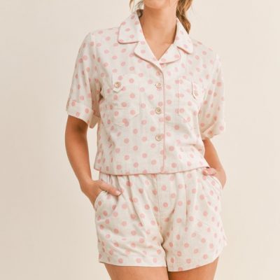 Polka Dot Collar Crop Top and Short Lounge Set - Pink