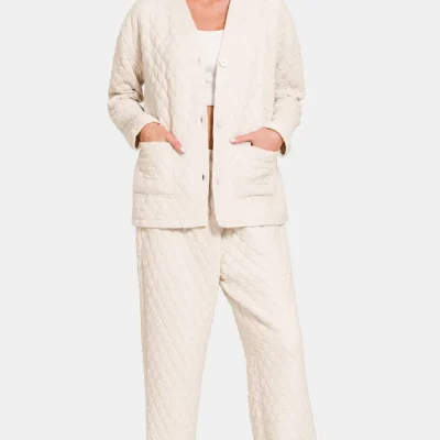 Quilted Button Up Long Sleeve Top and Pants Lounge Set - Beige