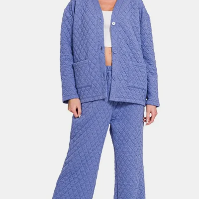 Quilted Button Up Long Sleeve Top and Pants Lounge Set - Blue Purple