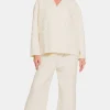 Quilted Button Up Long Sleeve Top and Pants Lounge Set - Cream