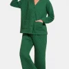 Quilted Button Up Long Sleeve Top and Pants Lounge Set - Dark Green